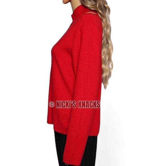 Calvin Klein Sequin Trim Cutout Sweater in Rouge Red Long Sleeve Pullover Size M - Picture 6 of 11